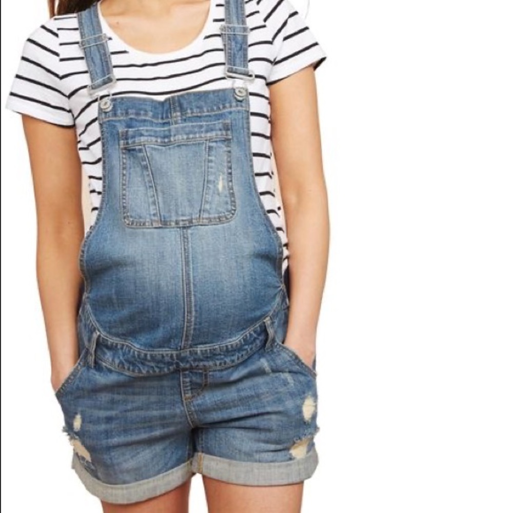 Motherhood Maternity Indigo Blue Destructed Shortalls Overall Shorts size small